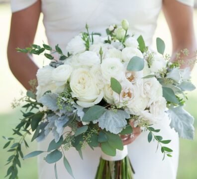 White bridal bouquet roses peonies dusty miller